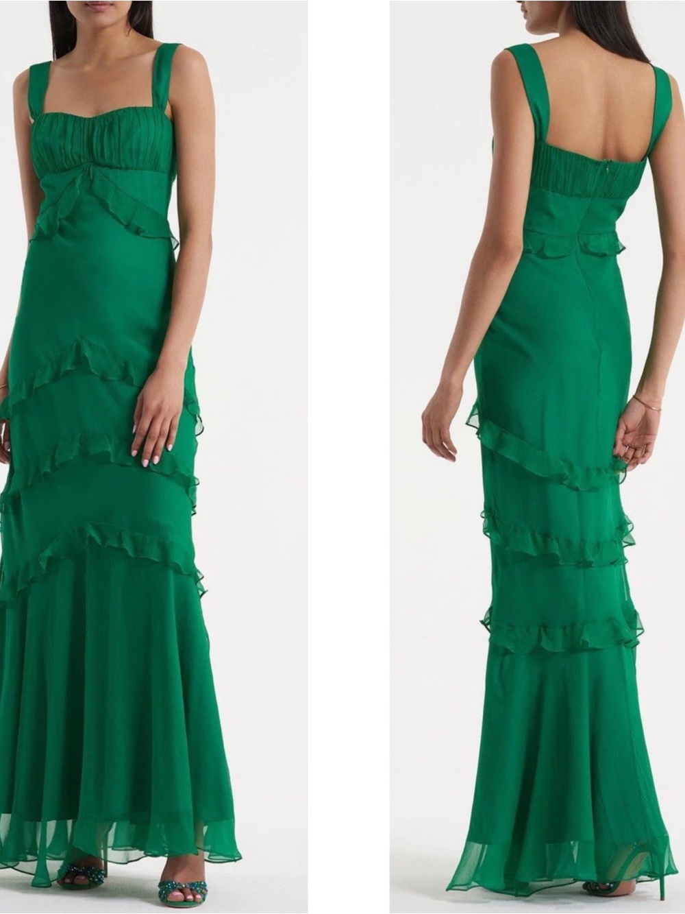 SALONI Chandra Silk Ruffle Tiered Green Maxi Dress Size 8